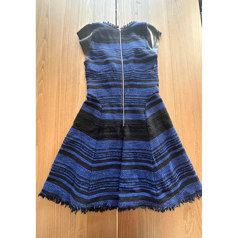 Rebecca Taylor Blue Black Tweed Faux Leather Trim Fit Flare Dress Size 2 - Picture 7 of 7
